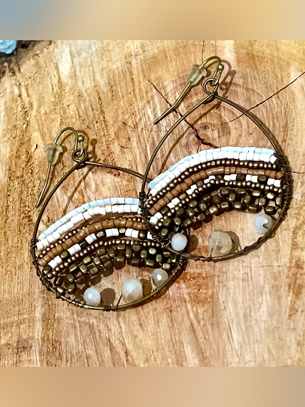Boho Wire Wrapped Beaded Hoop Earrings Teardrop Dangle Earth Tone Handmade Style